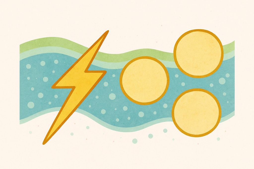 Illustration showing electrical signals passing easily through water but being stopped by fat cells.