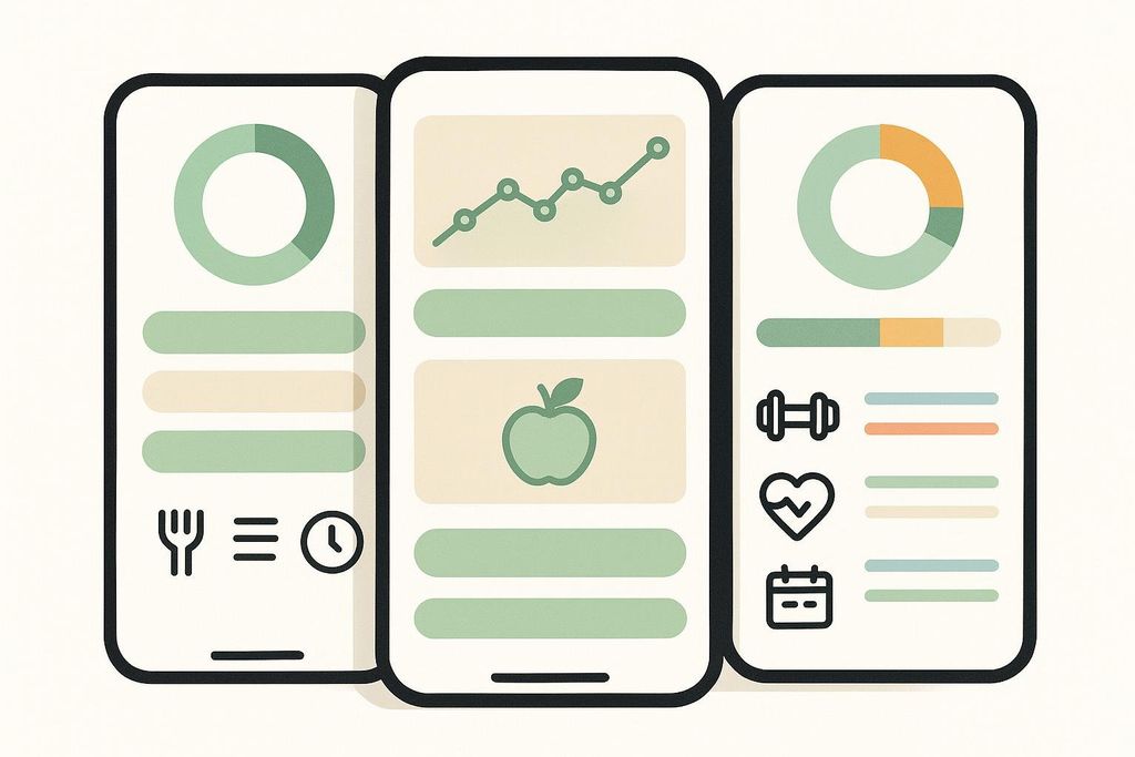 Illustration of three generic smartphone app interfaces for fitness and nutrition, showcasing different UI styles and data visualizations like charts, graphs, and icons for food, exercise, and calendar.