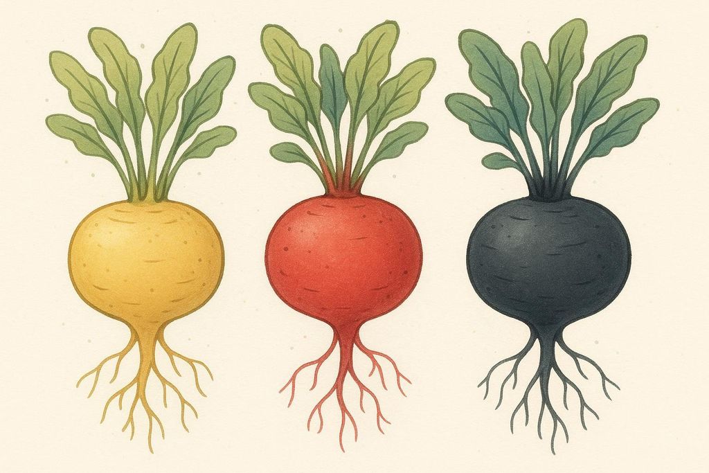 An illustration of three maca roots side-by-side on a light background. From left to right: a yellow maca root, a red maca root, and a black maca root. Each has green leaves sprouting from the top and delicate roots extending from the bottom.