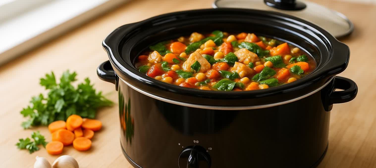 A black ceramic slow cooker filled with chicken and vegetable stew, including chunks of chicken, chickpeas, carrots, and spinach. Fresh parsley, sliced carrots, and garlic cloves are visible on the wooden counter beside the slow cooker.