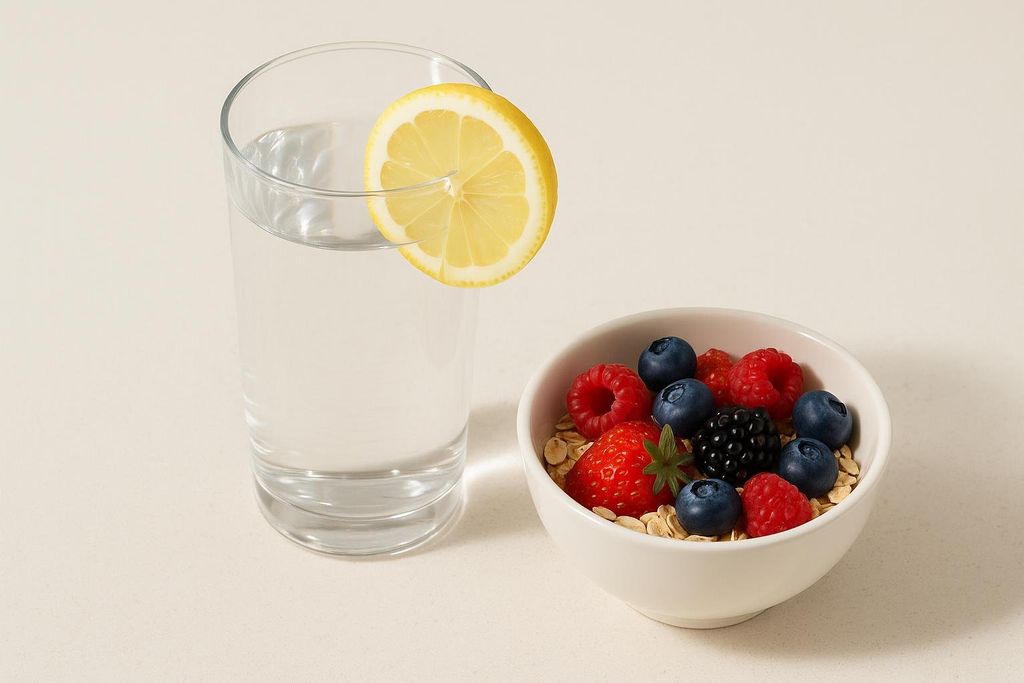 A glass of water with a lemon slice on the rim sits next to a bowl of berries and oats.