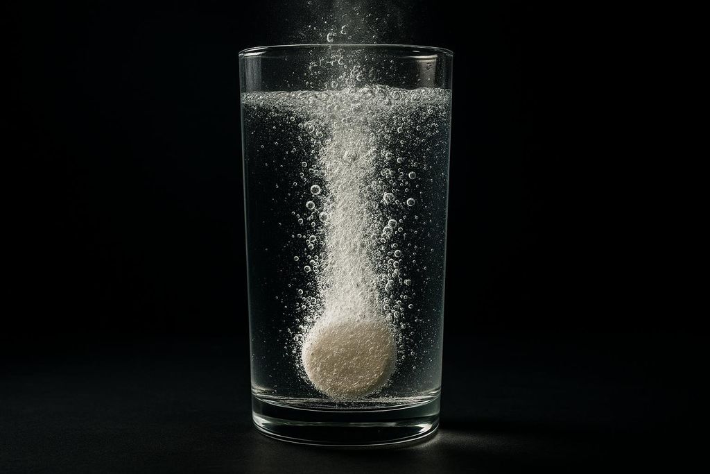 An effervescent tablet dissolving in a clear glass of water, releasing a stream of bubbles against a dark background.