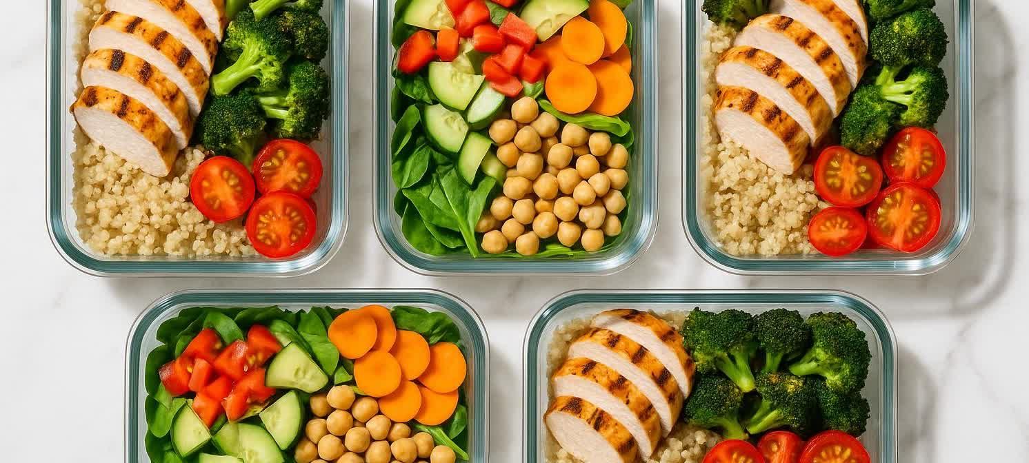 Overhead view of five glass meal prep containers filled with healthy food, arranged neatly on a white counter.