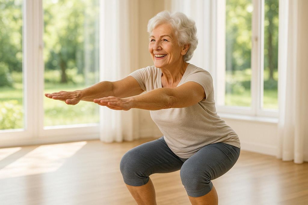 An active senior woman is doing a bodyweight squat in a brightly lit room, demonstrating healthy aging.