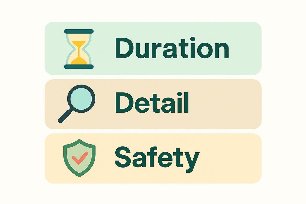 Infographic diagram depicting three metrics: 'Duration' with an hourglass icon, 'Detail' with a magnifying glass icon, and 'Safety' with a shield and checkmark icon. Each metric is presented on a separate, color-coded rounded rectangle.