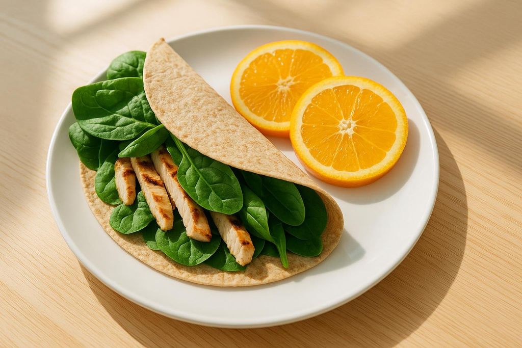 A whole-wheat wrap filled with grilled chicken and fresh spinach served with orange slices on a white plate.