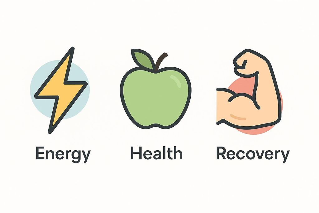 Three colorful line-art icons representing key fitness concepts. From left to right: a yellow lightning bolt in a blue circle for 'Energy', a green apple for 'Health', and a flexing bicep in a pink circle for 'Recovery'. Each icon has its corresponding word beneath it in black text.