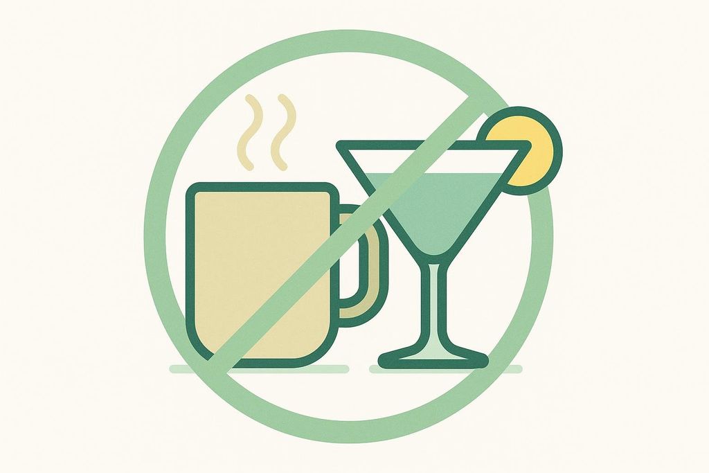 An illustration showing a mug with steam and a martini glass crossed out by a prohibitory symbol, indicating that alcohol and caffeine are not recommended for good sleep.