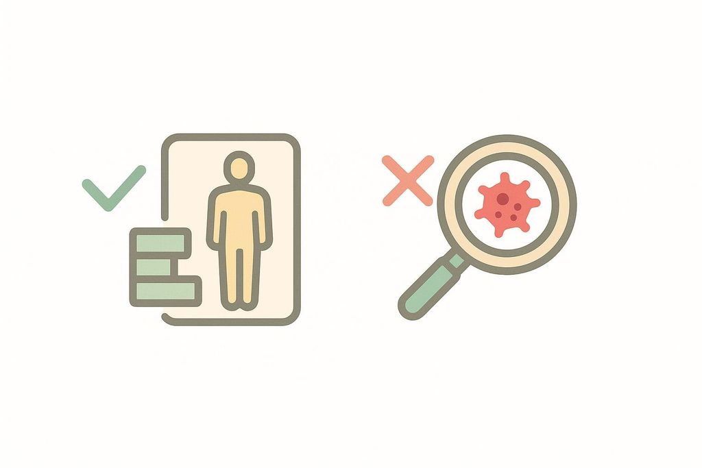 A graphic showing a checkmark next to an icon representing body composition and an 'X' next to a magnifying glass icon inspecting a red cell, indicating DEXA is suitable for body composition measurement but not cancer detection.