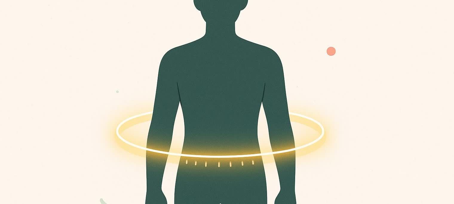 A silhouette of a person from the shoulders down to the thighs, with a glowing yellow ring around their waist, emphasizing the waistline. Small dashed lines are visible just below the glow.