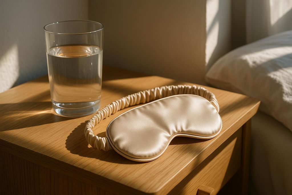 A beige silk sleep mask and a clear glass of water sitting on a light wooden nightstand. Warm morning light streams in from the left, casting shadows on the wall and table. A glimpse of a white pillow is visible on the right.