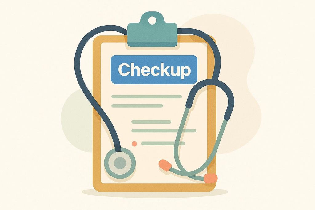 An illustration of a medical clipboard with the word 'Checkup' at the top, and a stethoscope draped around it. This image represents a doctor's visit or medical screening.