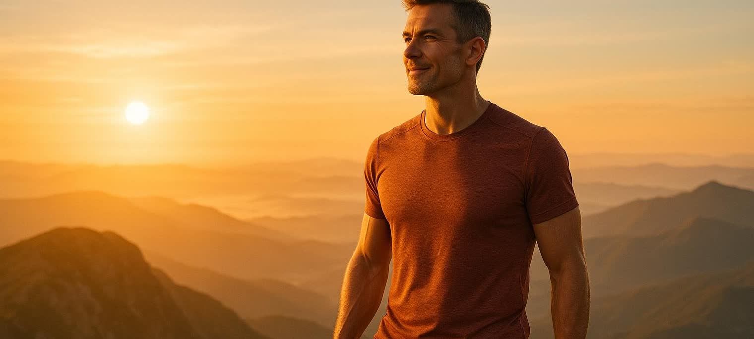 A man in his 40s with a content expression standing on a mountain peak at sunrise, with a vibrant orange sky and layered mountain range in the background, suggesting renewed energy.