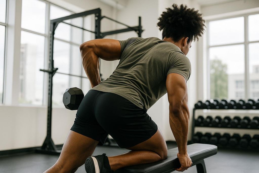 A man with an athletic build performs a dumbbell row in a gym. He is leaning on a weight bench with his right hand and left knee, lifting a black dumbbell with his left arm while looking towards the right side of the image.