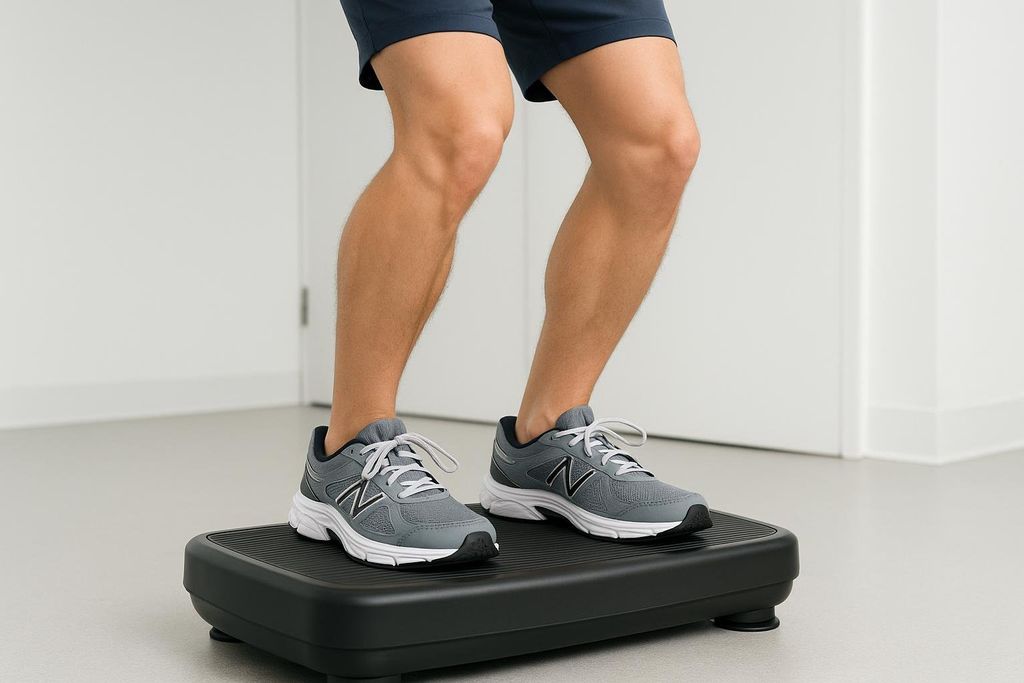 A close-up of a person's lower legs and feet on a black vibration plate. They are wearing grey athletic shoes, and their knees are slightly bent, demonstrating a safe posture for using the equipment.