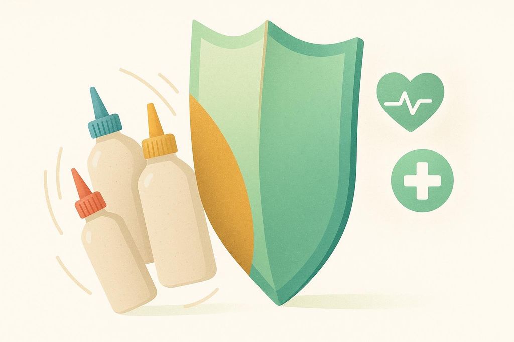 An abstract illustration depicting a shield protecting health from an array of generic oil bottles.