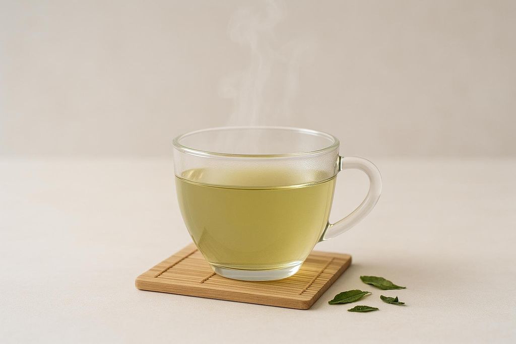 A clear glass cup of hot, steaming green tea sits on a square bamboo coaster. A few scattered green tea leaves are beside the coaster.