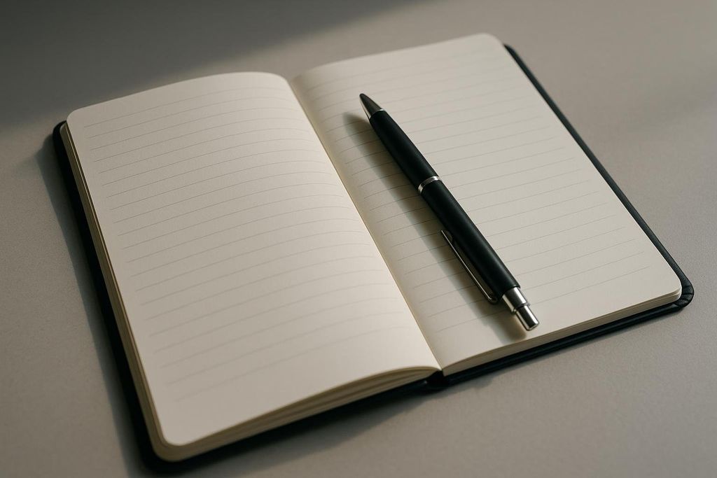 An open, blank lined notebook with a black pen resting on the right page. The notebook is on a light gray surface, with soft lighting from the upper left.