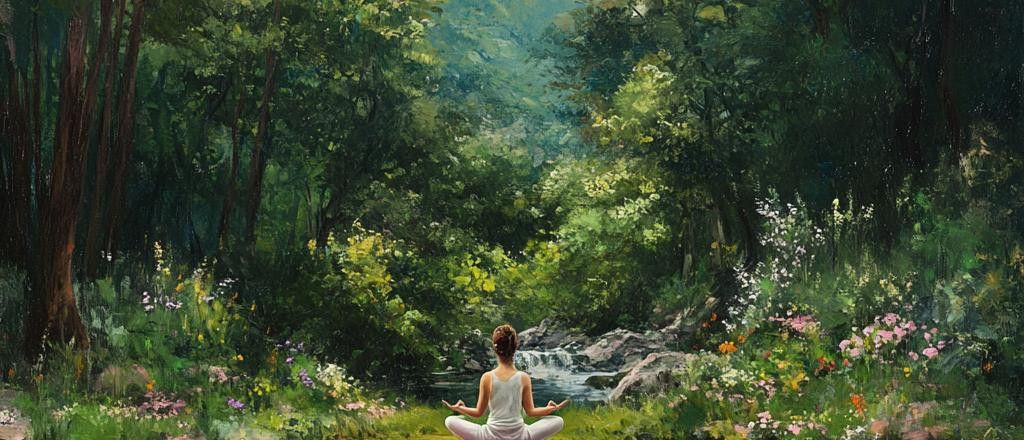 A painting of a person meditating in a lush, green forest with a small stream and flowers.