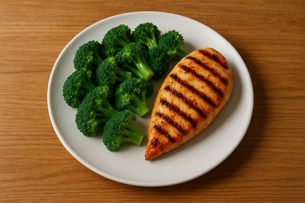 A healthy meal of grilled chicken breast with distinct grill marks, served alongside vibrant green broccoli florets on a white plate, set on a wooden table.