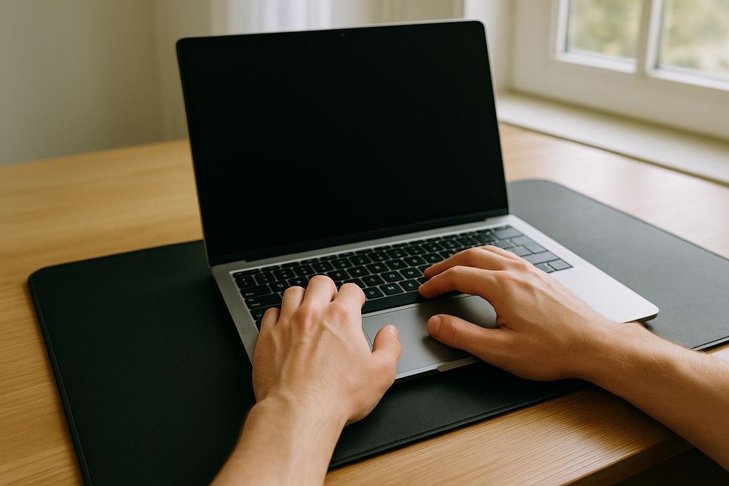 Close-up of hands typing on a silver laptop with a black screen, resting on a black grounding mat on a wooden desk. A window is visible in the background.