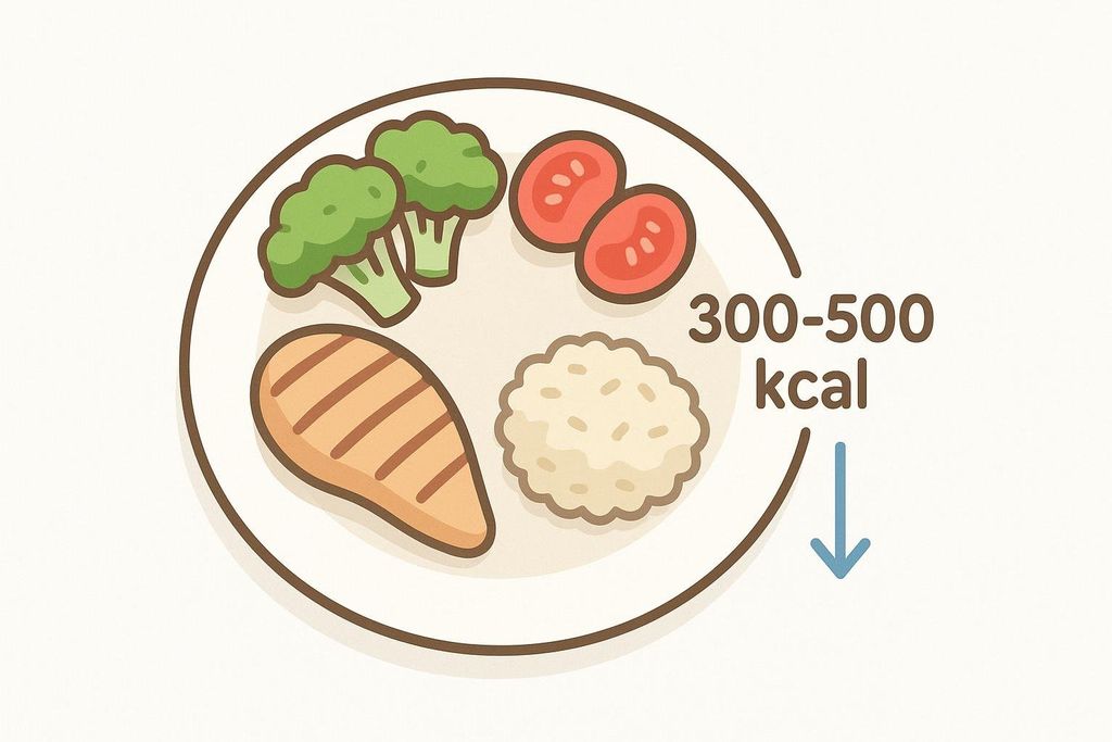 An illustration of a plate of food with grilled chicken, broccoli, tomatoes, and rice. An arrow points down next to the text '300-500 kcal', indicating a calorie deficit.