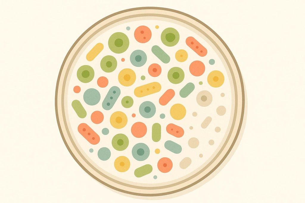 An illustration of a petri dish filled with colorful, irregularly shaped cells and dots, representing a vibrant and diverse composition of gut bacteria.
