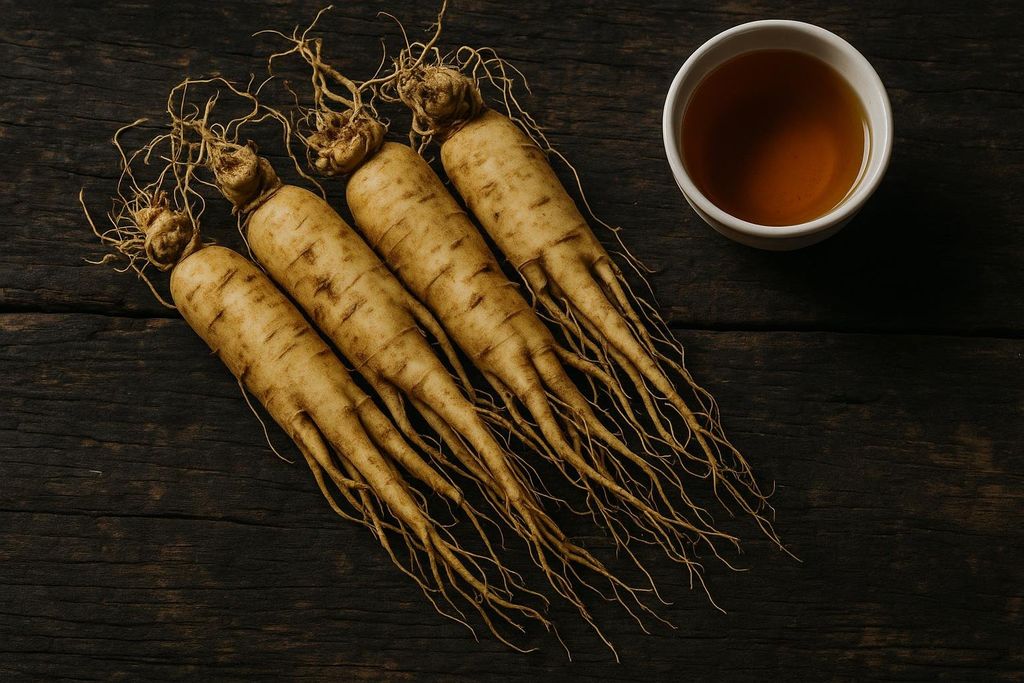 Four ginseng roots laying diagonally on a dark wooden surface, with a white teacup filled with amber liquid in the upper right corner.