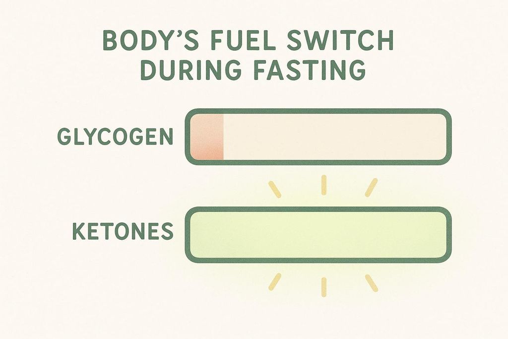 A diagram titled 'BODY'S FUEL SWITCH DURING FASTING' showing two progress bars. The 'GLYCOGEN' bar is nearly empty, with only a small reddish section at the left. The 'KETONES' bar is full and glowing with yellow radiating lines, indicating it is actively in use.