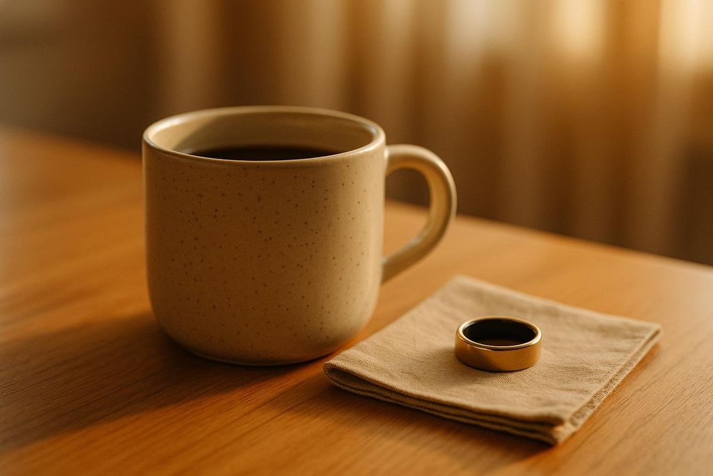 A beige speckled coffee mug filled with coffee sits on a light wooden table next to a folded beige napkin. On the napkin rests a gold and black smart ring, reflecting soft morning light.