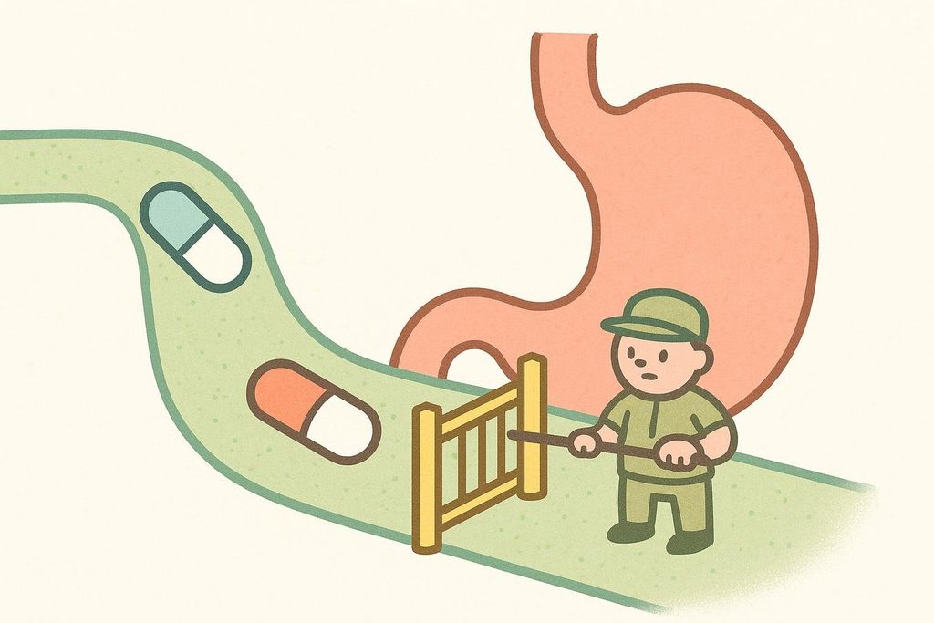 Illustration depicting how a drug like tirzepatide can affect gastric emptying and thus the absorption of other medications. A cartoon soldier in green uniform operates a gate on a path, symbolizing slowed passage for pills (represented by two capsules) towards a stomach.