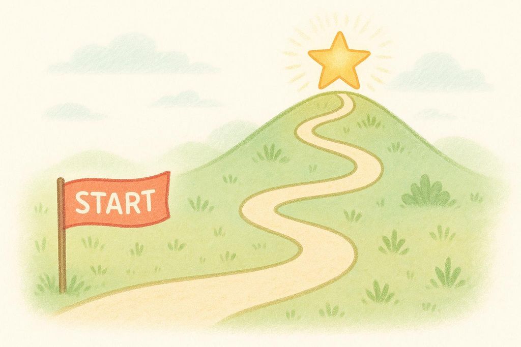 An illustration depicting a path starting from a red flag labeled 'START' and winding up a green hill towards a shining golden star at the peak, symbolizing a journey towards achieving a goal.