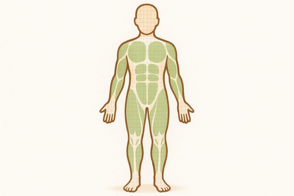 An abstract illustration of a human body highlighting muscle mass in light green, with a faint grid pattern over the entire figure. The outline of the body is in brown.