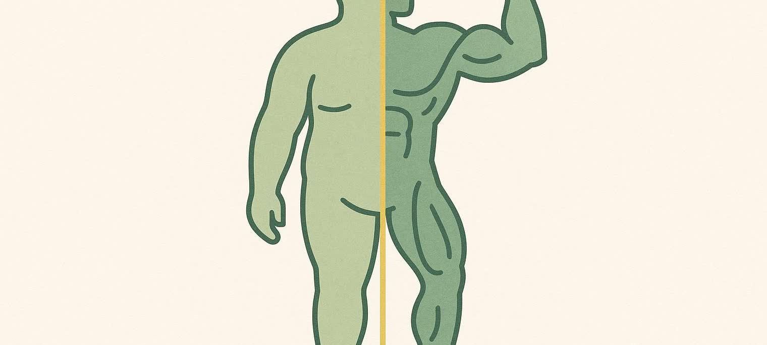 An illustration comparing a human silhouette with fat loss on the left side and one with preserved muscle mass and definition on the right side.