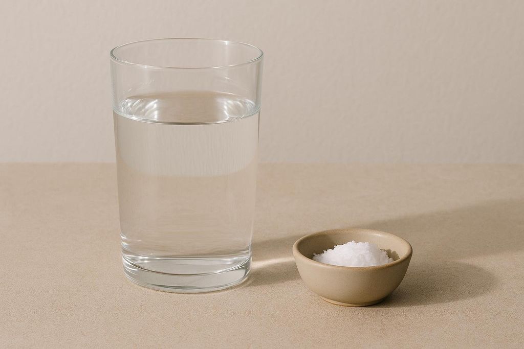 A clear glass of water sits next to a small beige bowl filled with white crystalline salt. The items are on a light beige surface against a light wall.