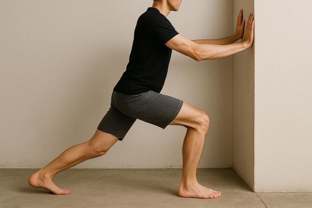 A man in a black t-shirt and grey shorts performs a wall lunge stretch, pushing his hands against a cream-colored wall, with one leg extended behind him and his heel raised.