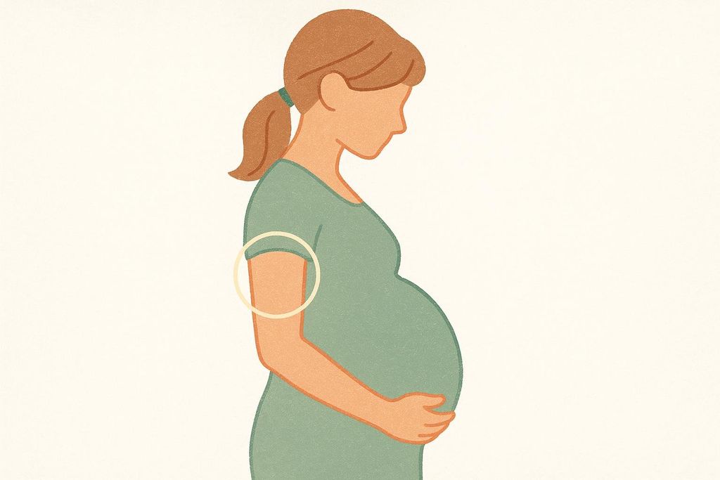 Illustration of a pregnant woman in profile, with a glowing circle on her upper arm to indicate an alternative measurement method during pregnancy.