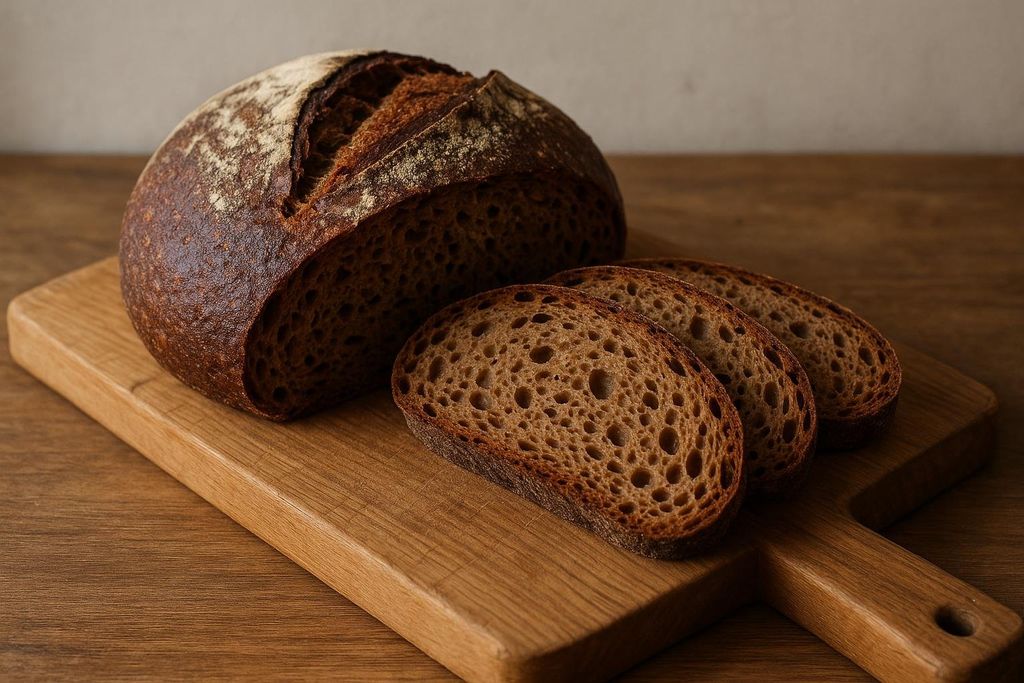 A rustic loaf of sliced sourdough spelt bread on a wooden board, showing its airy crumb.