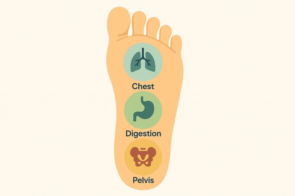Illustration of a foot sole with lung, stomach, and pelvis icons.