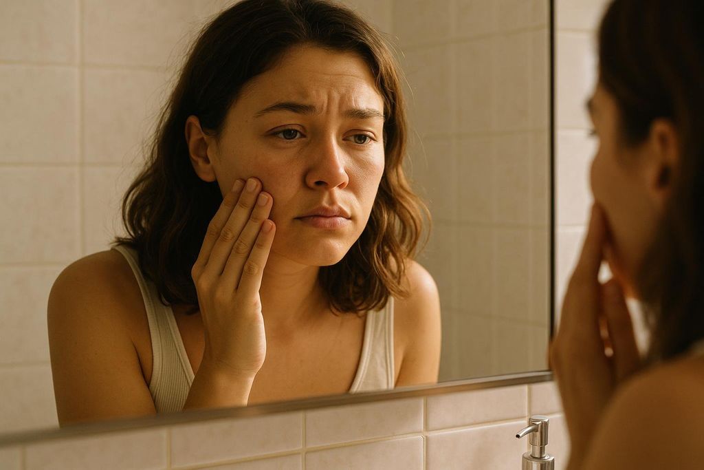 A person checking their face in the mirror for signs of morning puffiness.