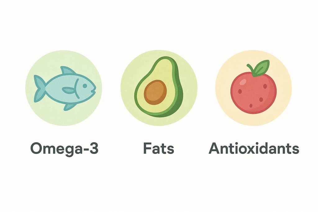 Three icons representing healthy nutrients: a blue fish for Omega-3, a green avocado half for Fats, and a red apple for Antioxidants. Each icon is within a light colored circle and has its corresponding text below.