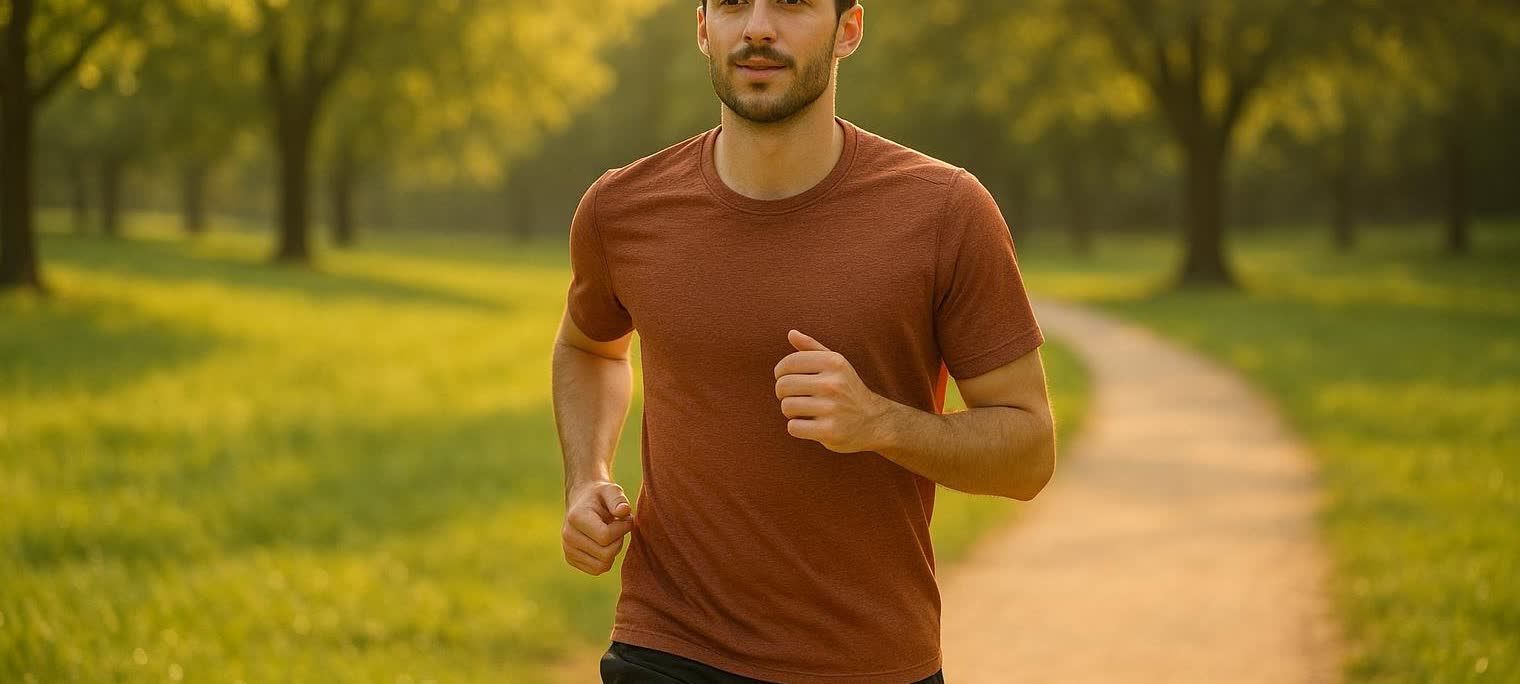 Runner jogging comfortably on a sunny park trail, demonstrating Zone 2 moderate effort
