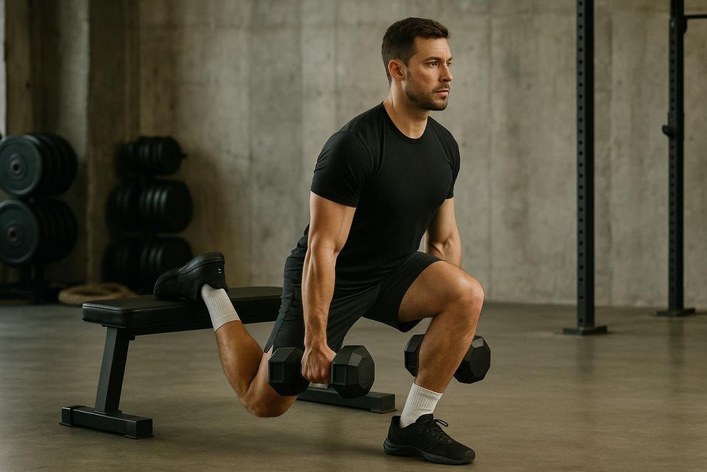 A man in black athletic wear is performing a Bulgarian split squat, holding a dumbbell in each hand. His left foot is elevated on a flat weight bench behind him, and his right leg is bent at the knee, with his thigh nearly parallel to the ground. He is looking to the right with a focused expression in a gym setting.
