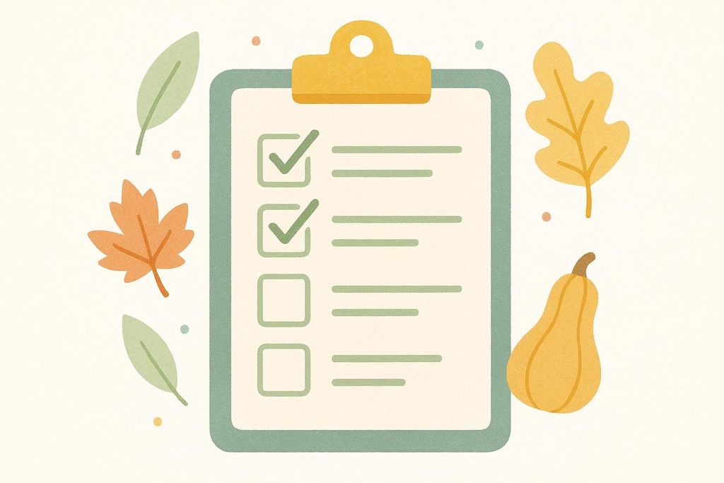 An illustration of a clipboard with a Thanksgiving prep checklist, decorated with autumn leaves and a butternut squash.