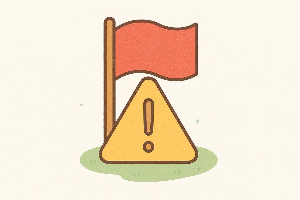 An illustration featuring a red flag on a pole behind a yellow triangular warning sign with an exclamation mark. The objects are set on a patch of green grass against a cream background, conveying a sense of caution or alert.