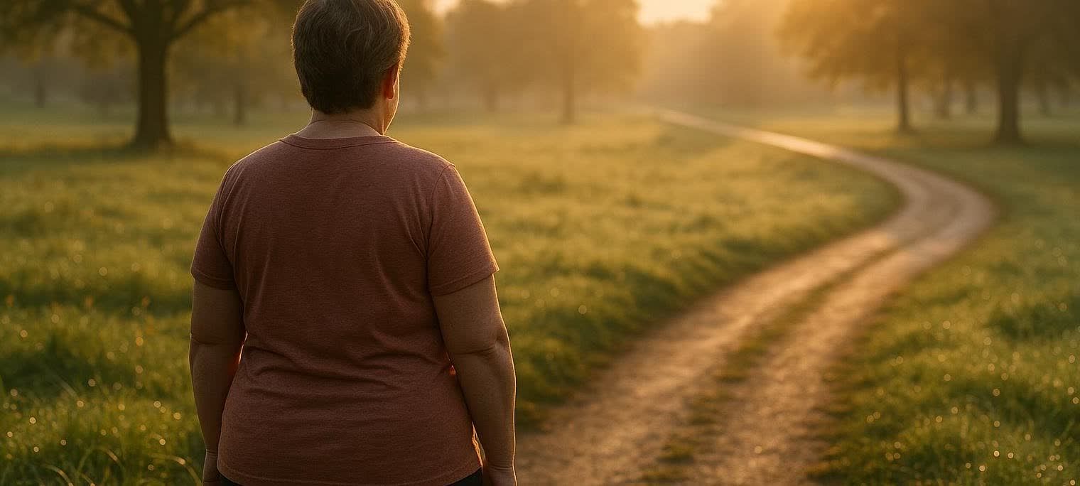 A person is standing with their back to the camera, looking down a winding path in a grassy field at sunset. The sun's golden light is filtering through the trees in the background.