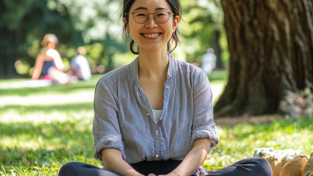 A person with glasses and a striped shirt smiles at the camera while sitting on the grass in a park.
