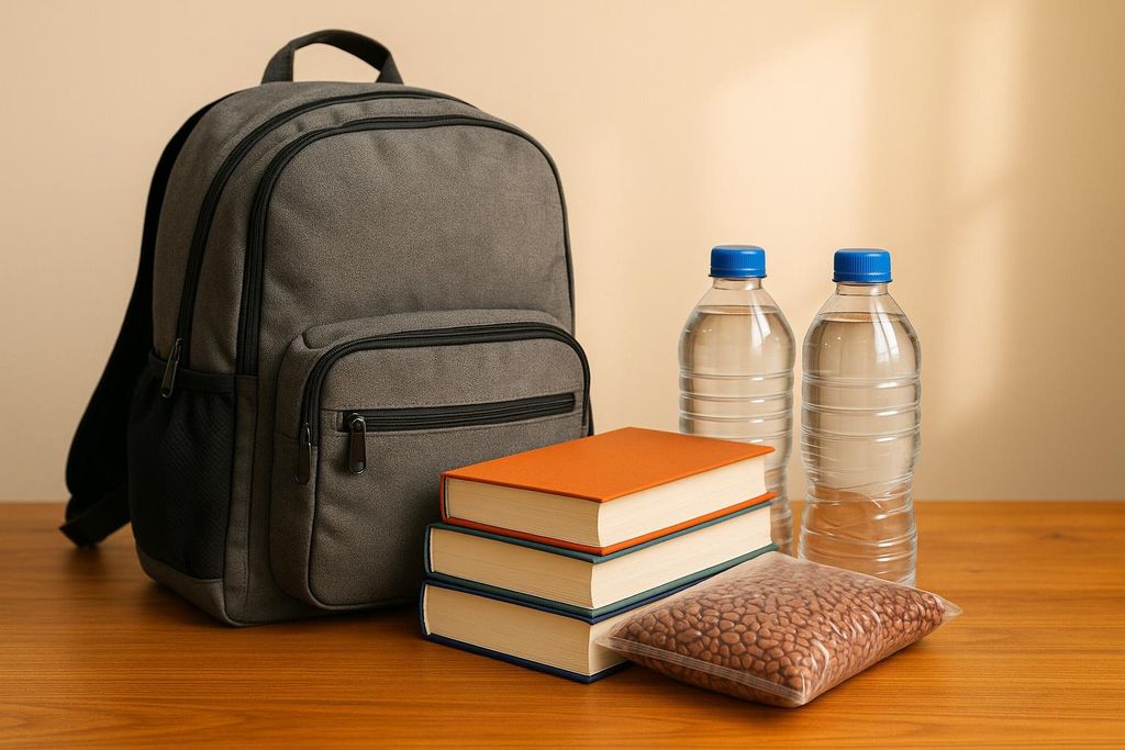 Gray backpack next to a stack of books, two water bottles, and a bag of dried legumes, representing the items needed for rucking.