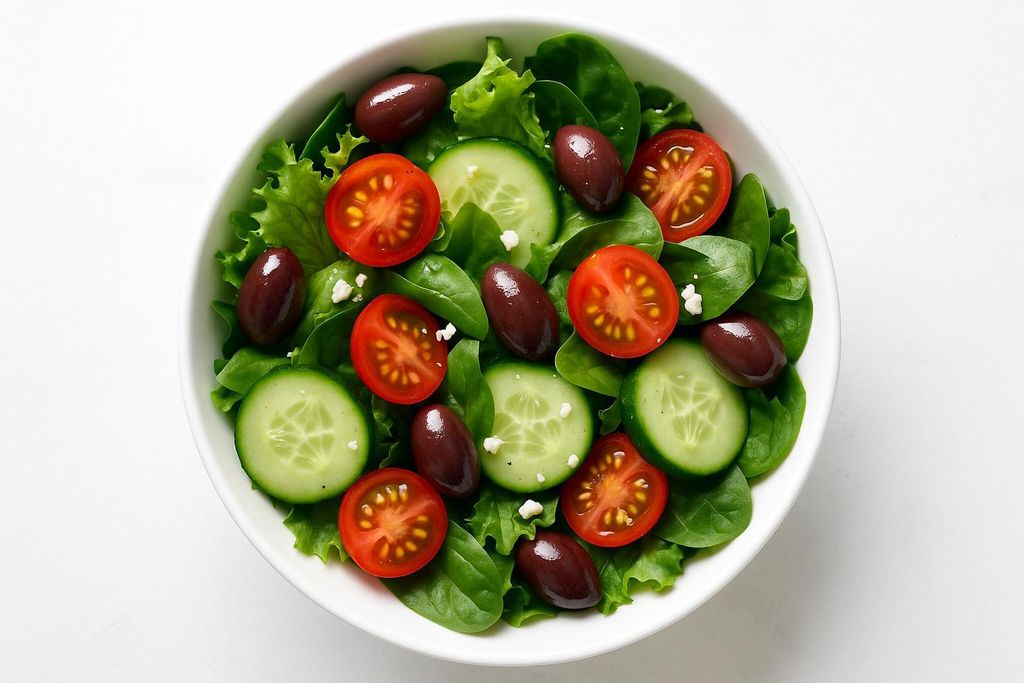 A vibrant Mediterranean salad in a white bowl, filled with green lettuce, sliced cucumbers, halved cherry tomatoes, and pitted olives.