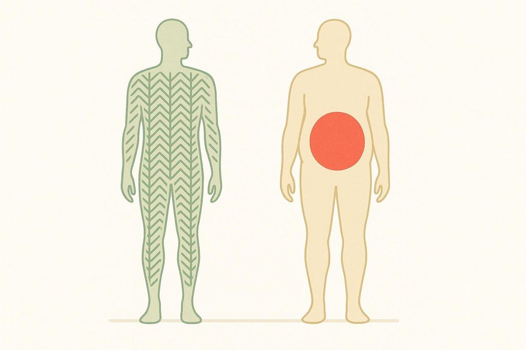 A diagram comparing two human bodies: one lean and muscular (represented by a green outline with chevron patterns), and the other with a larger, rounder abdomen indicating high visceral fat (represented by a beige outline with a red circle in the abdominal area). Both figures are shown to be of similar height, illustrating that BMI does not always reflect body composition.